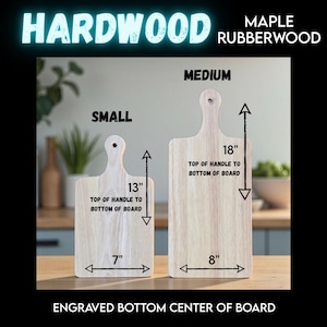 two wooden cutting boards, one labeled as a "small" board and the other as a "medium" board, both with measurements and text indicating their sizes.