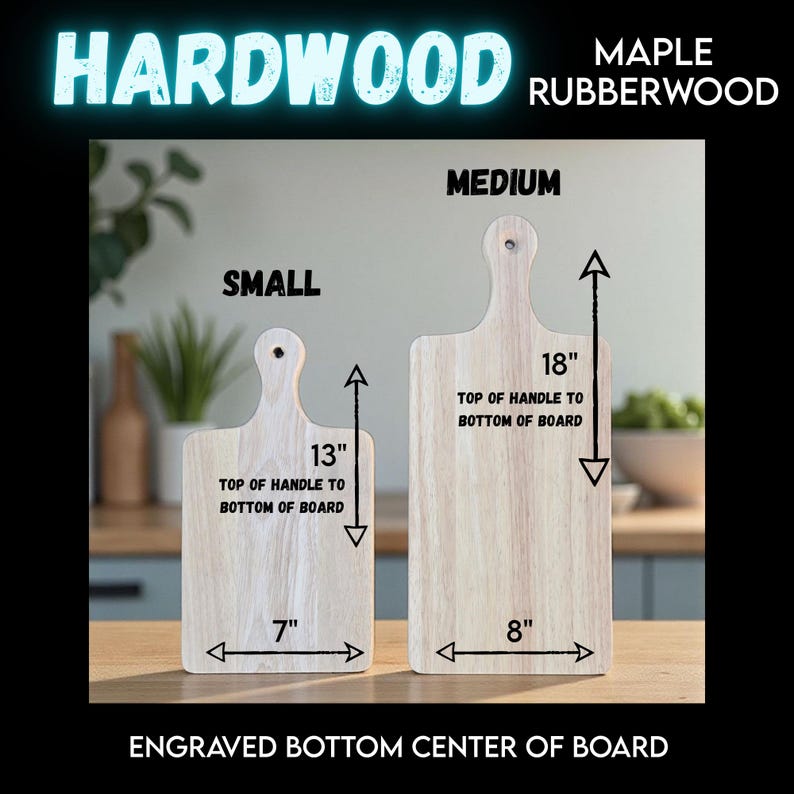 two wooden cutting boards, one labeled as a "small" board and the other as a "medium" board, both with measurements and text indicating their sizes.