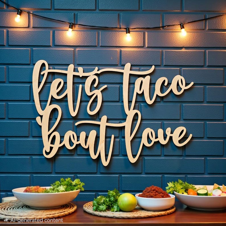 Puede incluir: Letrero de madera con la frase "let's taco bout love" en escritura cursiva, montado en una pared de ladrillos azules. La escena incluye luces de cadena y cuencos de comida, sugiriendo un ambiente festivo.
