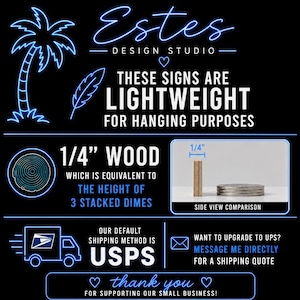 Puede incluir: Gr&aacute;fico negro con texto e ilustraciones en azul ne&oacute;n. El texto dice "Estes Design Studio" y "Estas se&ntilde;ales son ligeras para colgar". Tambi&eacute;n indica que las se&ntilde;ales son de madera de 0,64 cm, equivalente a la altura de 3 monedas apiladas.