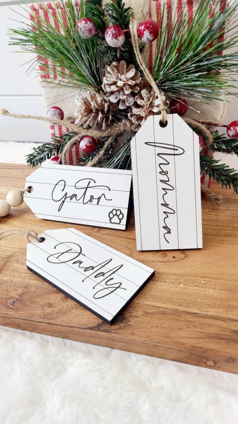 Personalized Shiplap Christmas Stocking Tags, Christmas Name Tags, Faux Ship Lap Name Tags, Personalized Laser Engraved Tags image 6