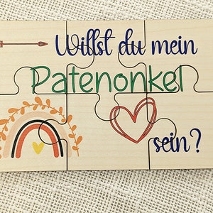 Willst du mein Patenonkel sein - bedruckte Botschaft als Holzpuzzle