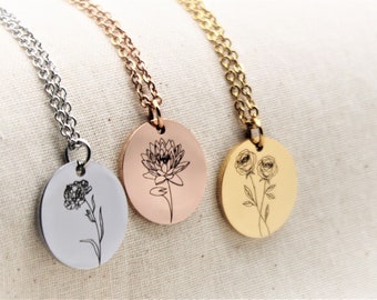 Birth flower necklace • Personalized necklace • Floral necklace in silver, gold and rose gold • Name necklace with engraving • Gift for her