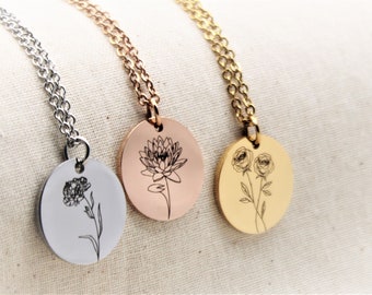 Geboortebloemketting • Gepersonaliseerde ketting • Bloemenketting in zilver, goud en roségoud • Gegraveerde naamketting • Cadeau voor haar