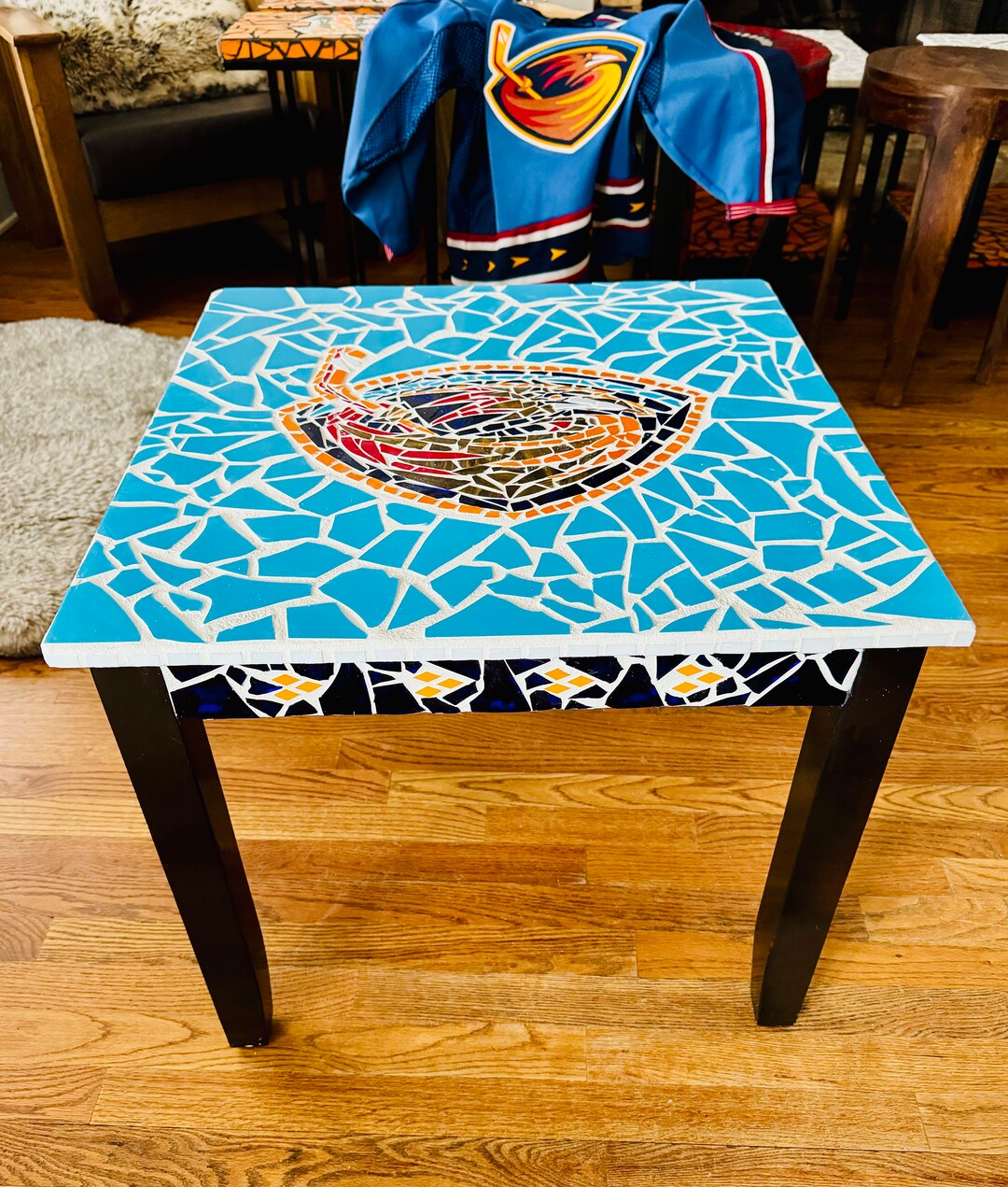 Atlanta Thrashers Hockey NHL Glass Mosaic Side / End Tables for Man Cave, Side Table for Chair