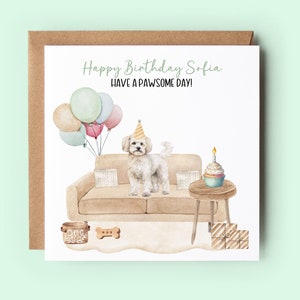 Tarjeta de cumpleaños personalizada de perro maltipoo, tarjeta de feliz cumpleaños, tarjeta de perro maltipoo, tarjeta hecha a mano