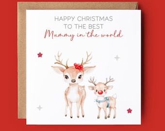 May include: A Christmas card with a watercolor illustration of two deer on a white background. The card reads "HAPPY CHRISTMAS TO THE BEST Mummy in the world" in gray and red text. The card is in a brown envelope, set against a red background.