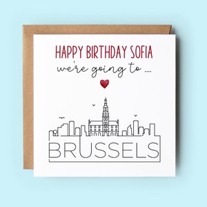 Nous allons à Bruxelles, carte d'anniversaire surprise, personnalisée, libellé personnalisable
