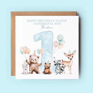 Tarjeta personalizada para hijo, tarjeta para el primer cumpleaños, tarjetas para hijo, primer cumpleaños, tarjeta con animales del bosque