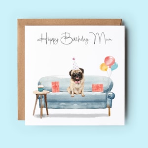 Carte d'anniversaire carlin, carte d'anniversaire personnalisée, carte d'amoureux des chiens, cartes faites main, cartes d'anniversaire de chien