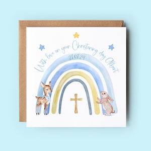Tarjeta de bautizo personalizada, tarjeta de bautizo de niño, tarjeta de conejito, personalizada, con amor en el día de tu bautizo, arcoíris