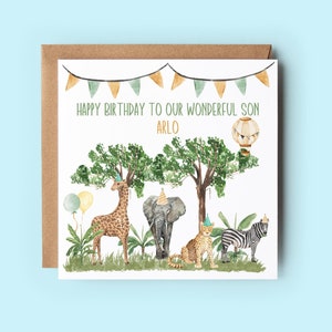 Carte personnalisée animal de safari, carte d'anniversaire d'enfant, carte animal de la jungle, carte pour fils, fille, petit-fils, petite-fille, neveu, nièce