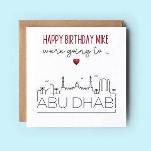 Vamos a Abu Dhabi, tarjeta sorpresa de cumpleaños, personalizada, el texto se puede personalizar