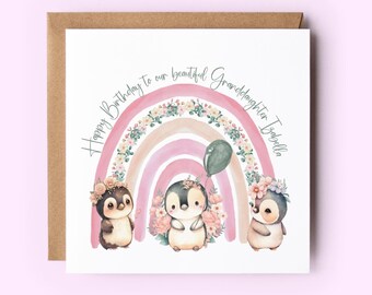 Personalized Granddaughter Birthday Card, Rainbow Penguin Design