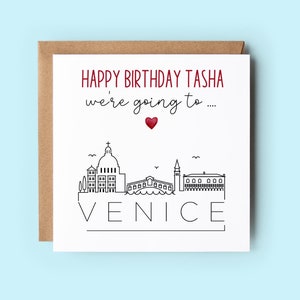Nous allons à Venise, carte d'anniversaire surprise, personnalisée, libellé personnalisable