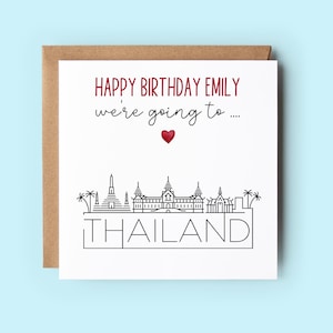 Wir gehen nach Thailand, Überraschungs-Geburtstagskarte, personalisiert, Wortlaut kann angepasst werden