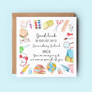 Bonne chance pour votre premier jour au secondaire, Carte scolaire personnalisée, Carte premier jour, Carte scolaire secondaire, Carte scolaire secondaire