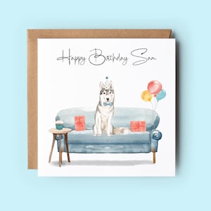 Carte d'anniversaire Husky sibérien, carte d'anniversaire personnalisée, carte d'amoureux des chiens, cartes faites main, cartes d'anniversaire de chien