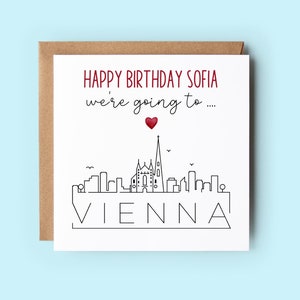 Nous allons à Vienne, carte d'anniversaire surprise, personnalisée, libellé personnalisable