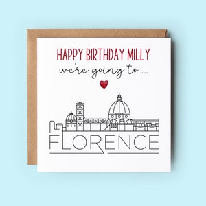 Vamos a Florencia, tarjeta sorpresa de cumpleaños, personalizada, el texto se puede personalizar