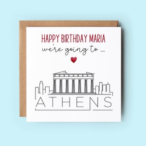 Vamos a Atenas, tarjeta de cumpleaños sorpresa, personalizada, el texto se puede personalizar