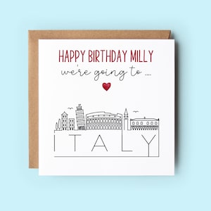 Vamos a Italia, tarjeta sorpresa de cumpleaños, personalizada, el texto se puede personalizar