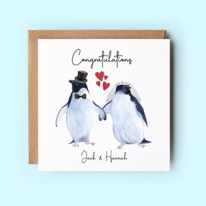パーソナライズされたペンギンの結婚式の日カード、結婚おめでとうカード、ペンギンの結婚式のカード、パーソナライズされたカード
