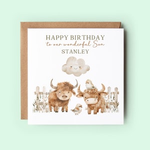 Tarjeta de granja personalizada para hijo, tarjeta de vaca de las Tierras Altas, tarjeta de cumpleaños para niños, tarjeta de animales, tarjeta para hijo