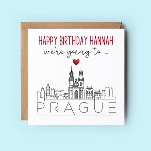 Vamos a Praga, tarjeta sorpresa de cumpleaños, personalizada, el texto se puede personalizar