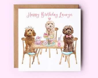 コッカプーの誕生日カード、犬のアフタヌーンティー、名入れ可能