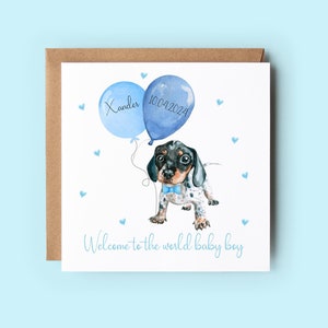 Tarjeta de felicitación por el nacimiento de un niño con un perro salchicha, tarjeta de felicitación por el nacimiento de un niño, tarjeta de felicitación por el nacimiento de un niño con un perro salchicha, personalizada