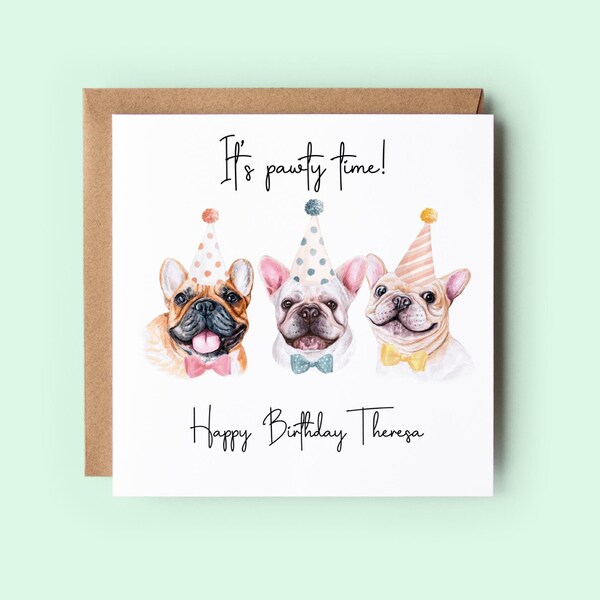 Personalized French Bulldog Birthday Card, Cute Watercolor Design