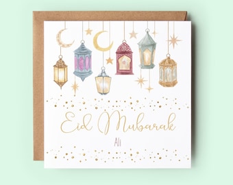 Personalised Eid Mubarak Card, Ramadan Greeting Lanterns, 6x6" Linen Textured Card