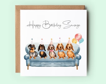 ダックスフンドの誕生日カード、ソーセージドッグパーティー