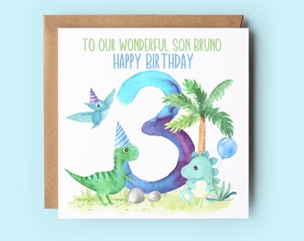 Personalized Son's 3rd Birthday Card, Watercolor Dinosaurs