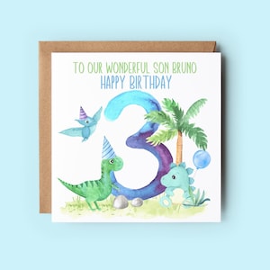 Carte personnalisée 3e anniversaire de fils, carte de dinosaure, carte de troisième anniversaire, carte de 3e anniversaire, carte pour fils, carte de petit-fils