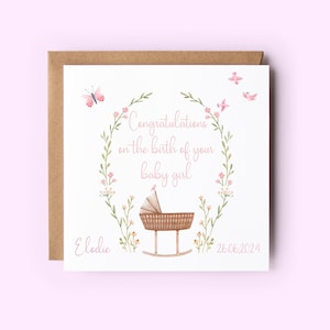 Nouvelle carte de bébé fille, carte personnalisée de félicitations pour nouveau bébé, félicitations de naissance, petite fille, carte de baby shower