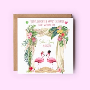 Carte de mariage personnalisée flamant rose, carte de mariage tropicale, mariage à destination, carte de félicitations