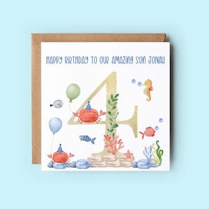 Personalised Son 4th Birthday Card, Sea Life Card, Fourth Birthday Card, 4th Birthday Card, Card for Son, Grandson Card, Under The Sea Card