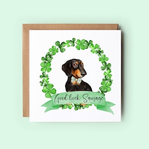 Tarjeta de salchicha de buena suerte, tarjeta de buena suerte, tarjeta de trébol de cuatro hojas, tarjeta hecha a mano, tarjeta de perro salchicha