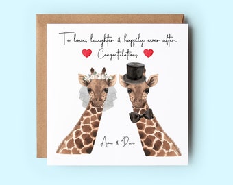 Tarjeta de felicitación personalizada con diseño de jirafa para bodas.
