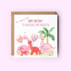 Carte d'anniversaire fille personnalisée dinosaure, carte d'anniversaire nièce, carte dinosaure rose, destinataire à personnaliser