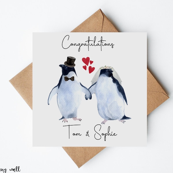 Personalised Penguin Wedding Day Card, Congratulations On Your Wedding Card, Penguin Wedding Card, Personalised Card