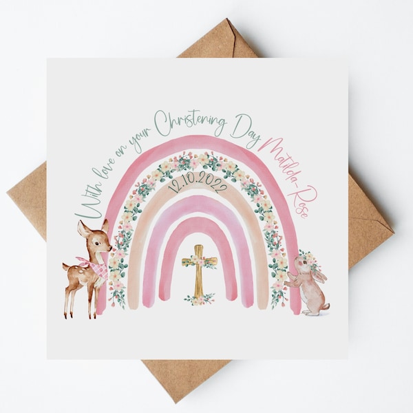 Personalised Christening Card, Girl Christening Card, Bunny Card, Personalised, With Love On Your Christening Day,Rainbow