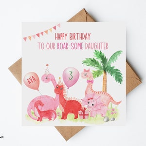 Personalised Dinosaur Birthday Daughter Card, Niece Birthday Card, Pink Dinosaur Card, Customise Recipient