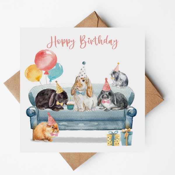 Rabbit Birthday Card, Hoppy Birthday, Bunny Rabbit Card, Cute Birthday Cards