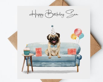 Pug Birthday Card, Personalised Birthday Card, Dog Lovers Card, Handmade Cards, Dog birthday Cards
