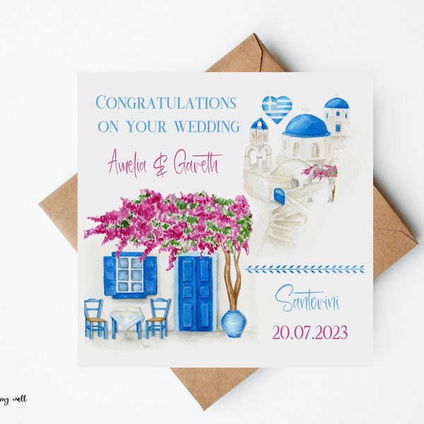 Santorini Wedding Card, Personalised Wedding Card, Destination Wedding,Congratulations Card, Greece Card