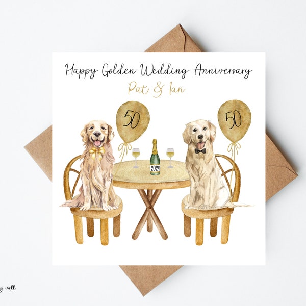 Biglietto Golden Retriever personalizzato per l'anniversario d'oro, Biglietto per 50 anni di matrimonio, Golden Retriever, Biglietto per cani, 50° anniversario di matrimonio