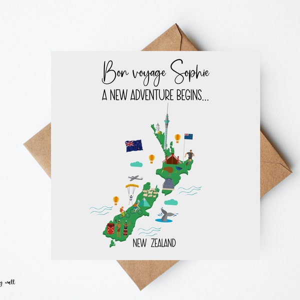 New Zealand Card, Moving To New Zealand Card, New Adventures Card, Emigrating Card, Personalised, Bon Voyage Card